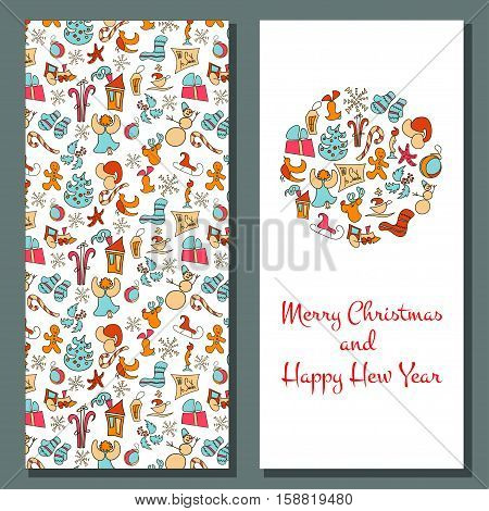 Christmas card. Cozy Xmas greetings set or decoration with gifts mittens deer bell toy gingerbread candy snowman snowflake skates angel. For greeting letter wish card invitation postcard