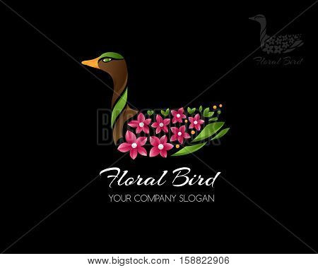 Floral bird logo template. Swimming duck with floral wings icon. Vector illustration. Concept for wedding sites beauty or spa salons floristic firms.