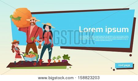 Farmers Parents And Daughter Gather Harvest Copy Space Flat Vector Illustration