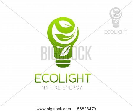 Green light bulb with laves ornament. Logo template. Concept for organic product store eco friendly brand environment organization company working with alternative energy or innovation technology.