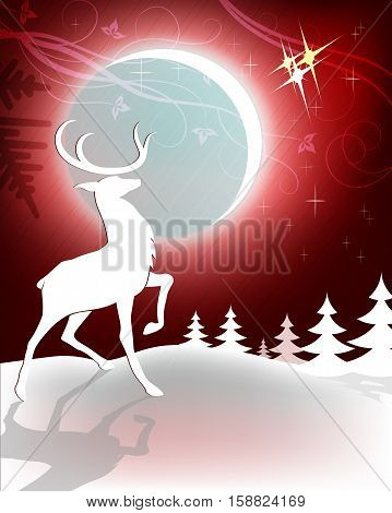 Red design Christmas majestic deer with raised paw against the bright moon