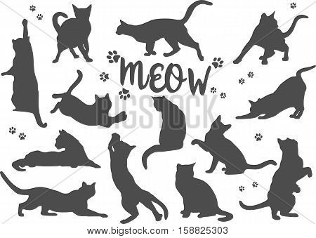 Set of patterns of different black silhouettes of cats isolated on white background in flat style.