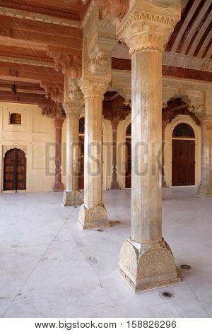 JAIPUR, INDIA - FEBRUARY 16: White marble hall of Sattais Katcheri at Amber Fort in Jaipur, Rajasthan, India, on February 16, 2016.