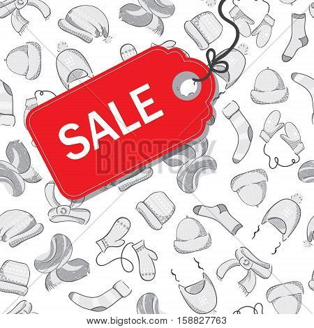 The red label with inscription "sale" on seamless monochrome background with knitted woolen accessories. Vector illustration.