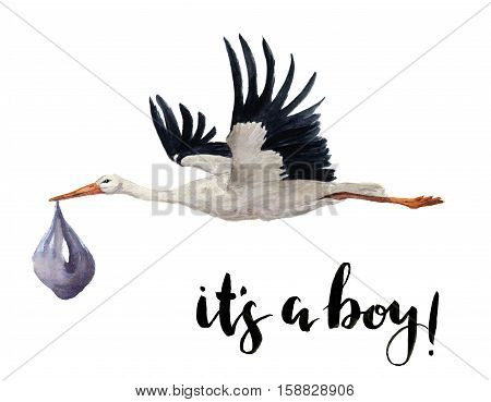 Watercolor hand painted flying white stork with girl baby. Hand painted ciconia bird illustration isolated on white background. For design, prints or background.