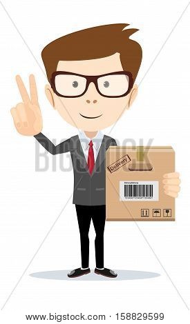 delivery service man with box shows sign of victory on his fingers. Stock vector illustration