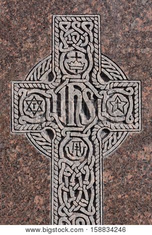 Close up if engraved Celtic Cross with Christogram 