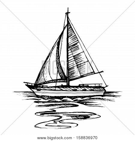 Sailing boat vector sketch isolated with reflection. Sea yacht floating on the water surface.