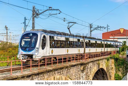 Hendaye, France - October 9, 2016: Metro Donostialdea train on the Spain - France border. It is a meter-gauge system serving the city of San Sebastian and the Donostialdea area, reaching France.