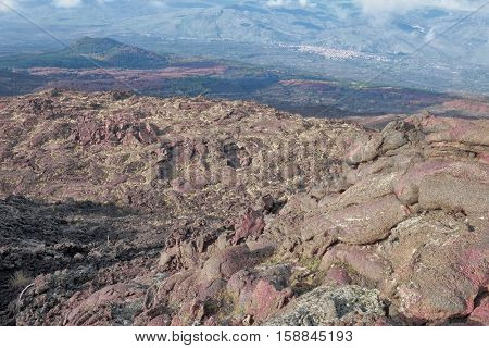 top view old cooled lava in the north Etna National Park, Sicily 