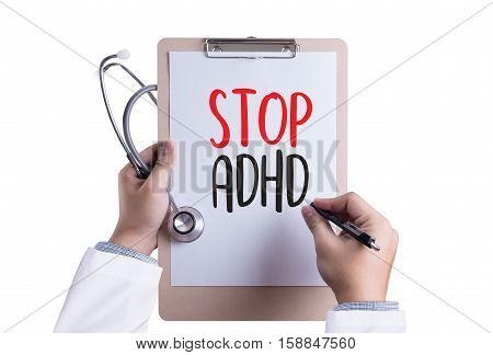Stop Adhd Concept Medicine Doctor Hand Working Professional Doctor Use Computer And Medical