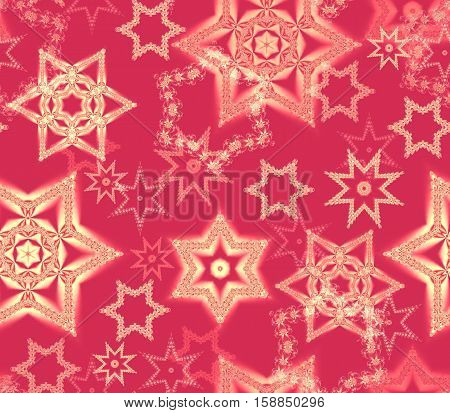 Seamless texture with snowflake fractal ornaments in red and pale gold glitter. Consists of many snowflakes of several shapes and sizes. Suitable as wrapping paper for Christmas or winter decor.
