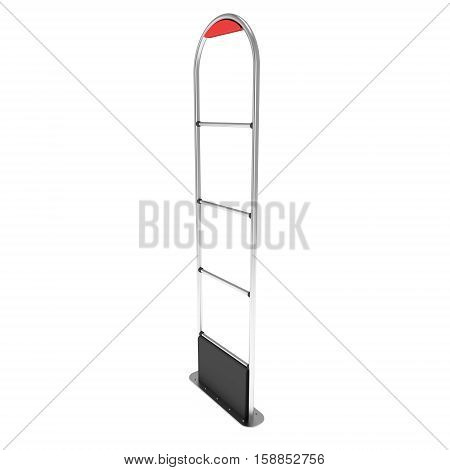3D shop security anti-theft sensor gates. 3D render illustration of shoplifter scanner isolated on white background. Scanner entrance gate for prevent theft in shop or store. Security concept.