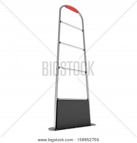 3D shop security anti-theft sensor gates. 3D render illustration of shoplifter scanner isolated on white background. Scanner entrance gate for prevent theft in shop or store. Security concept.