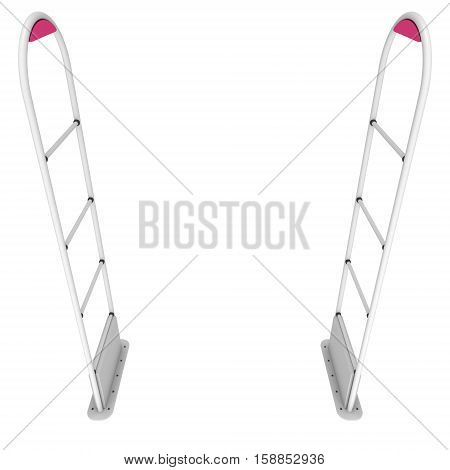 3D shop security anti-theft sensor gates. 3D render illustration of shoplifter scanner isolated on white background. Scanner entrance gate for prevent theft in shop or store. Security concept.