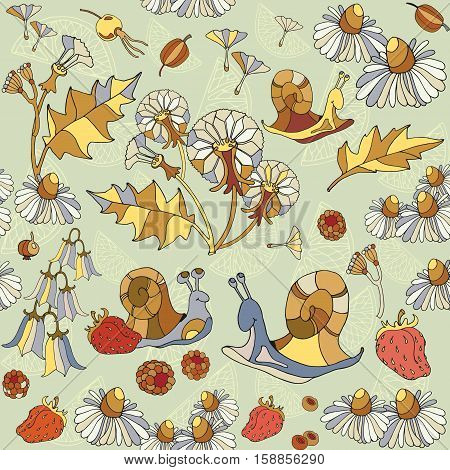 Floral seamless pattern flowers chamomile campanul snails raspberries.