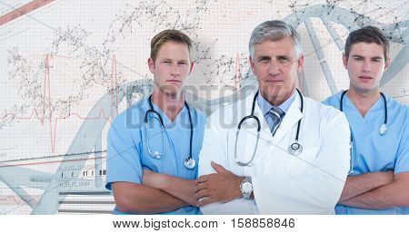 Portrait of confident male doctor with surgeons against 3D genes diagram on white background