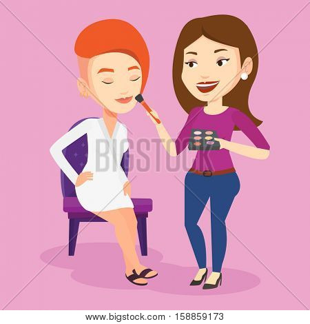 Visagiste applying makeup with a brush on woman face. Visagiste doing makeup to young stylish woman. Visagiste doing makeup to a model using a brush. Vector flat design illustration. Square layout.