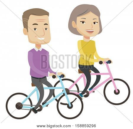 Cheerful senior couple riding a bicycles. Retired couple having fun while riding a bicycles. Active couple enjoying walk with bicycles. Vector flat design illustration isolated on white background.