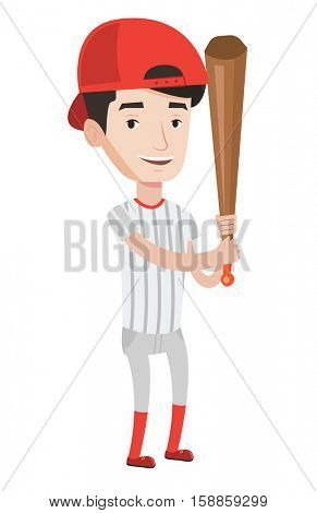 Young caucasian baseball player wearing uniform. Professional baseball player standing with a bat. Cheerful baseball player in action. Vector flat design illustration isolated on white background.