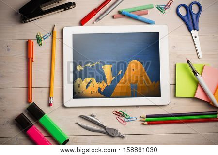 Graphic mosaic house with flying santa in the back against blue chalkboard