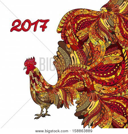 Rooster chicken with zentangle ornament. Vector illustration. Can be used as a greeting card for the year of rooster.
