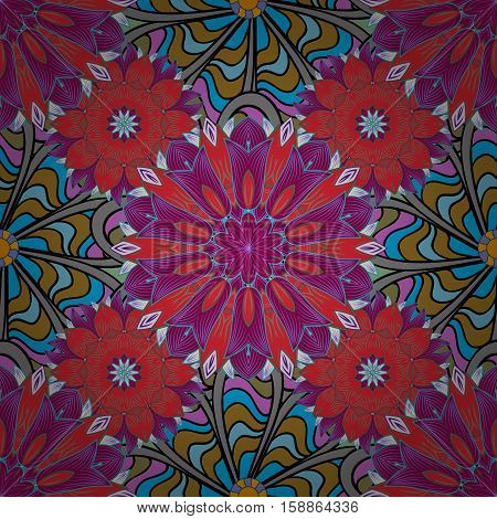 Pink Mandalas. Green Brown Lilak Violet. Vector.