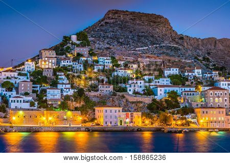 Hydra island on a summer night in Greece. Beautiful landscape with night illumination.