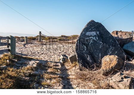 Rocky landscape with boulders at the Tijuana River National Estuarine Research Reserve in Imperial Beach, California.