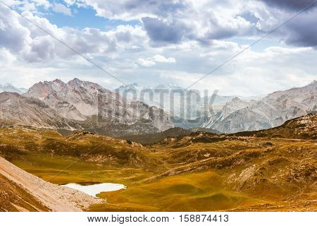 Scenic view of Italian Dolomites on sunny autumn day
