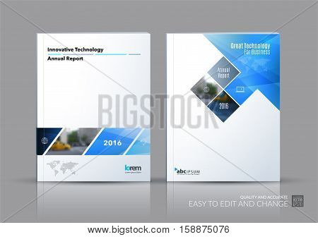 Business vector set. Brochure template layout, cover design annual report, magazine, flyer in A4 with blue rectangular shapes, diagonal lines, parallelogram for IT, business, building. Abstract.