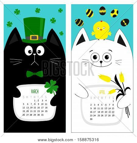 Cat calendar 2017. Cute funny cartoon character set. March April spring month. Green hat tye bow chicken egg. Clover leaf tulip flower. Happy Patricks day Easter Flat design. Blue background. Vector
