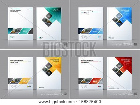 Business vector set. Brochure template layout, cover design annual report, magazine, flyer in A4 with rectangular shapes, diagonal lines, parallelogram for IT, business, building. Abstract.