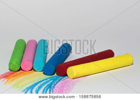 Rainbow from foskovyh crayons. Rainbow line of children's creativity. Colorful chalk. Space for text, letters, words. Education, to develop the child.