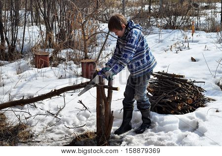 The teenage boy saws a hacksaw dry branches on the seasonal dacha