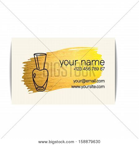 Nail polish business card. Isolated manicure visit card. Fashion template for  beauty salon or nail artist design. Golden paint stroke of hand made gold glitter texture. Vector EPS10 illustration.