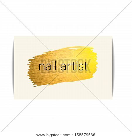 Nail polish business card. Isolated manicure visit card. Fashion template for  beauty salon or nail artist design. Golden paint stroke of hand made gold glitter texture. Vector EPS10 illustration.