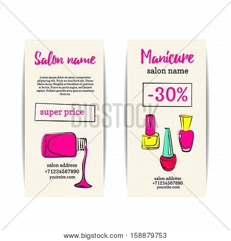 Nail polish flyer. Vector set of manicure voucher or coupons. Design for beauty salon or nail artist. Isolated collection of fashion templates. Colorful sketchy style. Hand drawn illustration. EPS10.