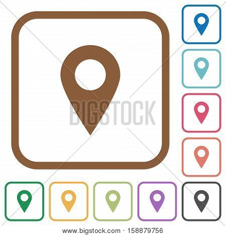 Location pin simple icons in color rounded square frames on white background