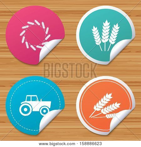 Round stickers or website banners. Agricultural icons. Wheat corn or Gluten free signs symbols. Tractor machinery. Circle badges with bended corner. Vector