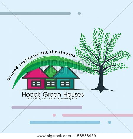 Hobbit House dropped by leaf beside the tree vector illustration. colorfull green house