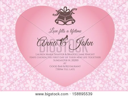 Wedding card - bell and text in pink heart on flower abstract background vector template design