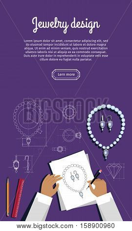 Jewerly production sketch banner. Jewelry designer works on hand drawn sketch of necklace and earrings. Draft outline of diamond unit design. Project of brilliant ornamental chain and earrings. Vector