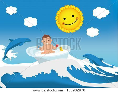 Flat illustration. Happy toddler playing in bath, wave bath lift, dolphins and the sun gently smile at him. Baby illustration. Kid banner.