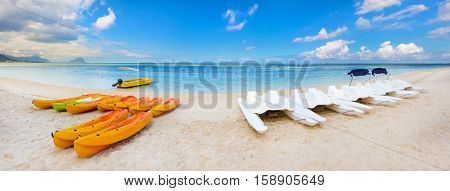 Kayaks at Wolmar beach. Mauritius. Panorama