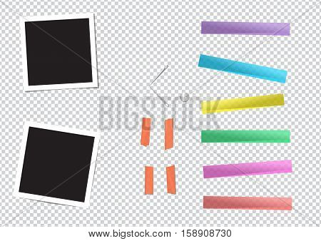 Set of different size sticky, adhesive tape, banners pieces and instant film are stuck on transparent background