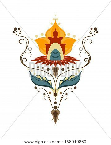 Vector Herbs and Gorgeous Flower for design. Ornament red, sea blue, orange, yellow flower for fashion print.