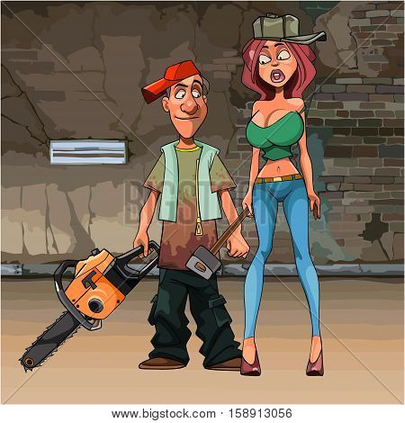 cartoon funny man with a chainsaw and a woman with a hammer