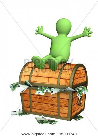 Happy Marionette und eine Schatztruhe. hintrgrund isoliert weiß