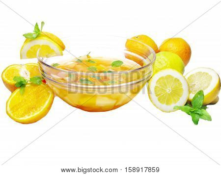 fruit cruchon cocktail punch in bowl with ice and fruit
